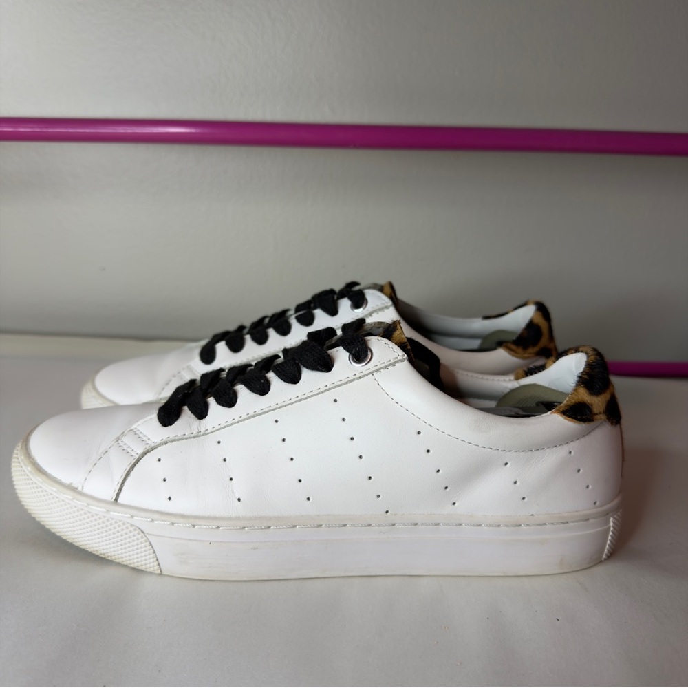 J.Crew Saturday White Leather Leopard Print Detail Sneakers Sz 7